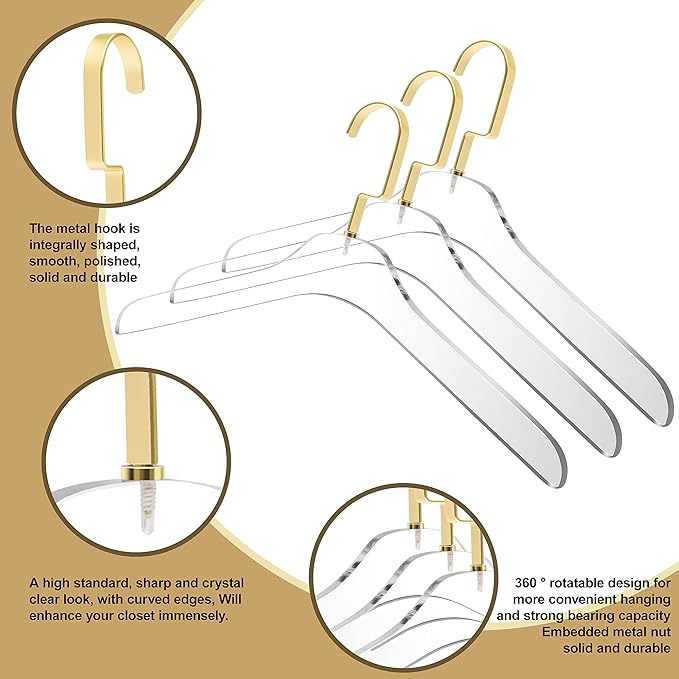 Quality Clear Acrylic Lucite Coat Suit Hangers – 5-Pack, 15" Junior Size, Stylish Clothes Hanger with Matte Gold Hooks - Coat Hanger for Dress, Suit - Closet Organizer Junior Hangers (Matte Gold, 5)