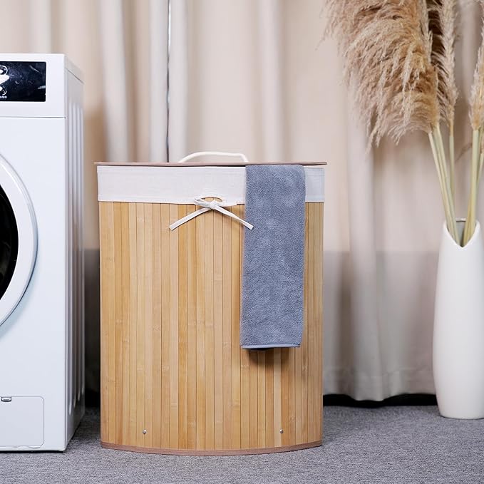 GarveeHome Corner Laundry Hamper with Lid, 15.3 Gal / 58 L Large Foldable Bamboo Laundry Basket with Washable Liner Bag, Wicker Clothes Hamper for Bedrooms Bathrooms Apartments, Natural