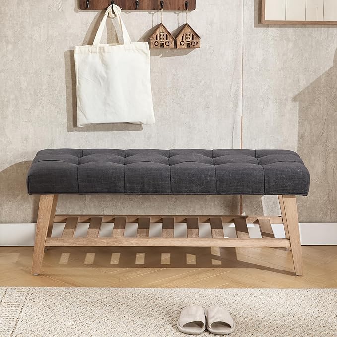 Entryway Shoe Bench Storage Benches with Upholstered Button Tufted Seat and Open Slatted Shelf Linen Ottoman Bench for Hallway Living Room Bedroom End of Bed, Charcoal