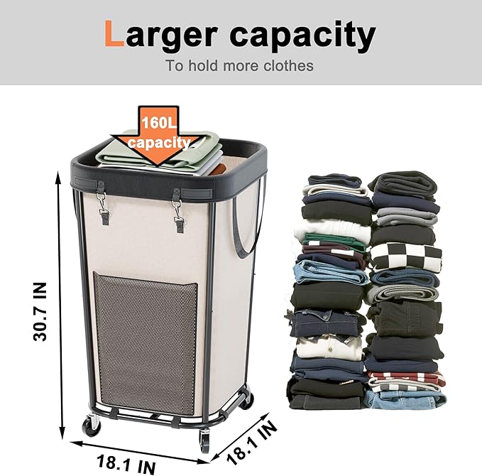 Laundry Basket with Wheels Rolling Laundry Basket, Removable Laundry Bag Design for Daily Use in Bathrooms and Laundry Rooms (White, 160L)