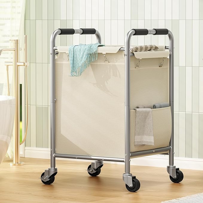 Laundry Basket with Wheels, Rolling Laundry Sorter Cart with Side pockets,47.6GAL(180L) Rolling Laundry Hamper with Removable Bag and Handle for Bedroom, Beige