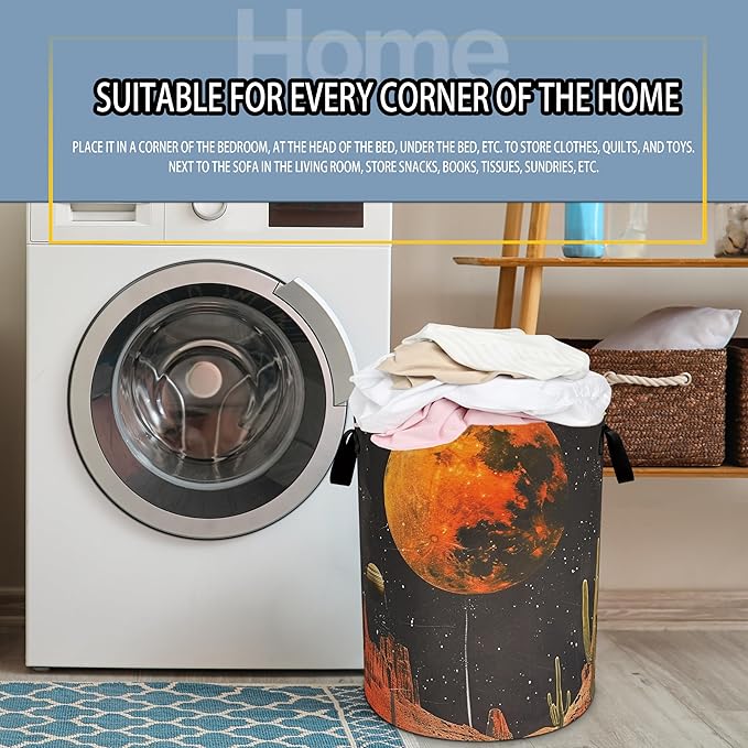 Full Moon Laundry Basket Desert Cactus Foldable Oxford Cloth Funny Tote Bag Laundry Hamper Clothes Storage Bucket Toy Organizer For Bathroom/Laundry Storage/Bedroom 18.9x16.5 Inch