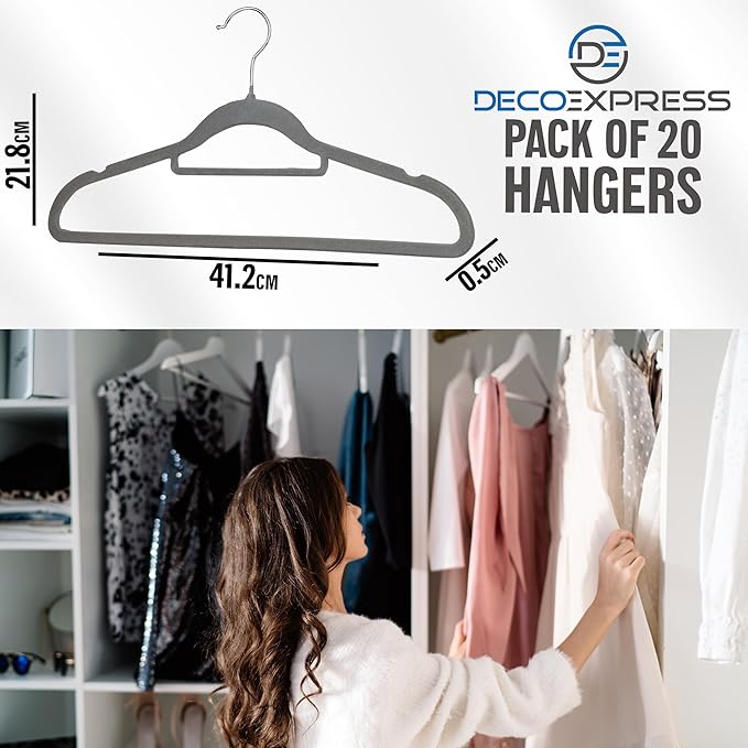 Deco Express Velvet Hangers, Space Saving Non Slip Coat Hangers for Clothes Multipack (Grey, 20 Pack)
