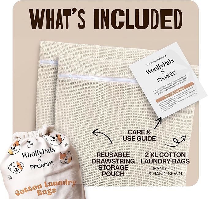 WoollyPals Large Cotton Mesh Laundry Bags (16" x 20") – 2-Pack with Drawstring Storage Pouch – Washer & Dryer Safe, Durable Zipper, Breathable Mesh for Clothes, Delicates, Underwear, Shoes & Lingerie