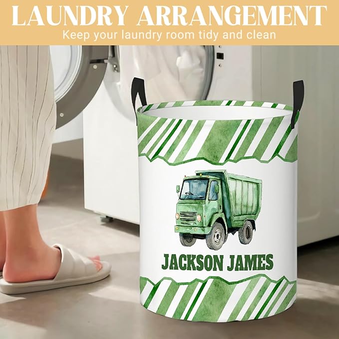Personalized Garbage Truck Laundry Basket, Custom Laundry Hamper With Name Gifts For Kids Baby Adults, Collapsible Dirty Clothes Storage Organizer With Handles M 19.6 X 15.7in