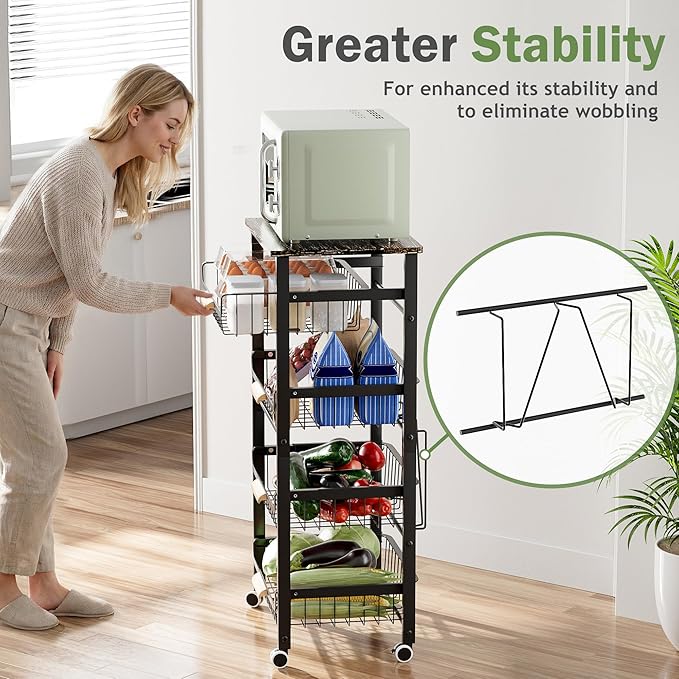 JAQ 5-Tier Fruit Vegetable Storage Cart with Wood Top, Rolling Kitchen Basket Organizer with Ergonomic Wood Handle & Wheels for Snacks Produce, Heavy Duty Metal Vianderos para Cocina Modernos, Black