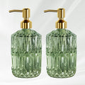 AmazerBath Soap Dispenser, 2 Pack Green Glass Soap Dispenser with Pump Stainless Steel, 14.2OZ Luxury Gold Hand Soap Bottles Bathroom Kitchen