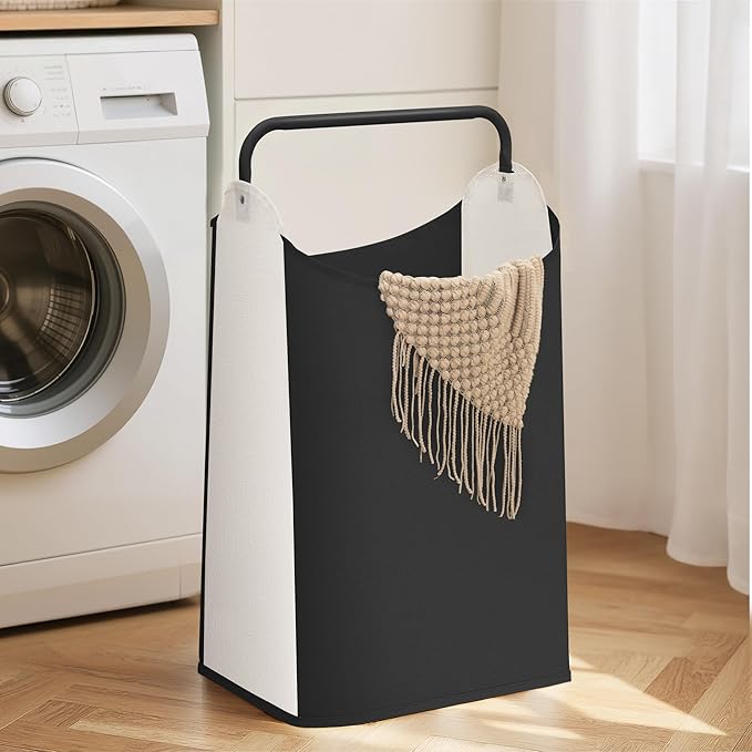 STORAGE MANIAC Large Laundry Hamper with Sturdy Metal Handle, Collapsible Laundry Basket, Freestanding Waterproof Clothes Hamper for Laundry Room, Bedroom, Dorm, Towels, Toys, Black & White