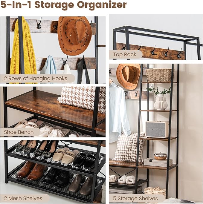 Giantex Coat Rack with Shoe Bench, Industrial Hall Tree with Storage Bench, 9 Hooks, 5 Side Shelves, Accent Large Shoe Rack Bench with Storage Shelf Hanging Bar for Entryway, Hallway (Rustic Brown)