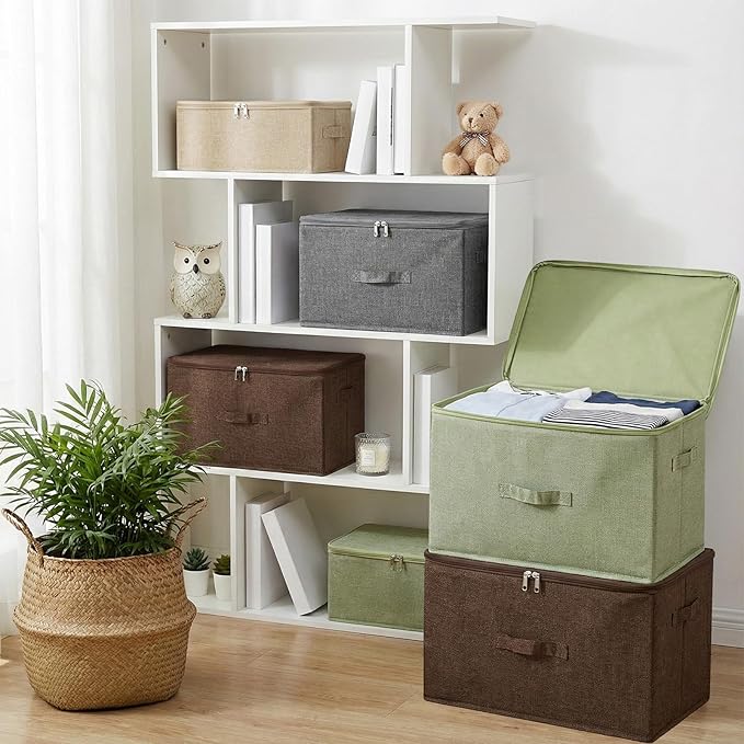 ANMINY Storage Bins with Zipper Lids 13 Qt Lidded Fabric Storage Boxes Baskets Cubes with Handles Collapsible Washable Cotton Linen Closet Shelf Clothes Organizer Containers - Beige, Small