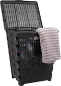 Mind Reader 61L Foldable Laundry Hamper, Clothes Basket, Lid, Wicker Design, Plastic, 18"L x 14.5"W x 21.25"H, Black