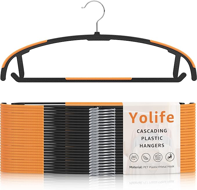 Yolife Plastic Clothes Hangers 50 Pack with Non-Slip Pads, 17.5" L × 8.3" H Heavy Duty Hanger with 360° Swivel Metal Hook, Slim Space Saving Hangers for Closet Organizer, Black & Orange
