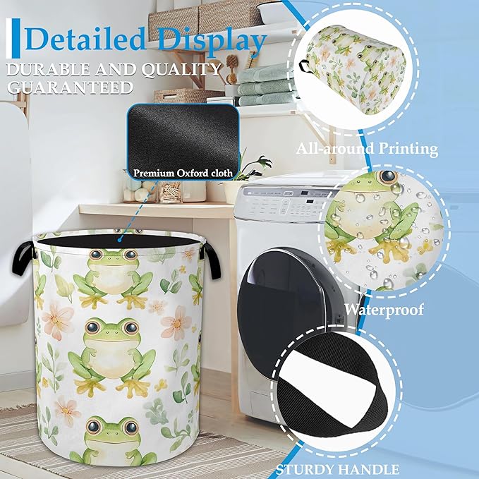 Cartoon Frog Flowers Laundry Hamper Collapsible Laundry Basket Portable Clothes Toy Storage Bin for Bathroom Bedroom Room Decor 16 X 20.8 Inch