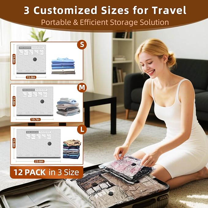 12 Pack Vacuum Bags for Travel with Rechargeable Air Pump Equipped LED Light, Vacuum Storage Bags(4L+4M+4S), 80% Space Saver Vacuum Seal Bags for Blankets, Comforters, Lugggage