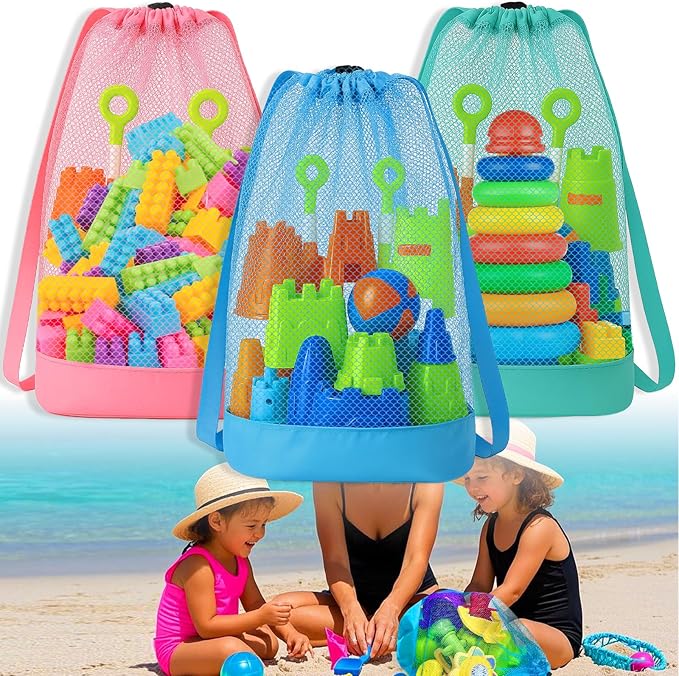 Palksky Large Mesh Beach Bag for Kids,3Pack Drawstring Sand Beach Toy Bag, Mesh Backpack for Beach, Shell Bags for Beach, Toddler Beach Essentials, Toy Not Included