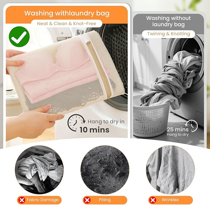4Pcs Cotton Mesh Laundry Bags for Delicates,Breathable Mesh Garment Bag for Washing Machine,Travel Wash Bags with Zipper for Bras,Underwear,Socks,Baby Clothes,Laundry Dorm Room Essentials(M)