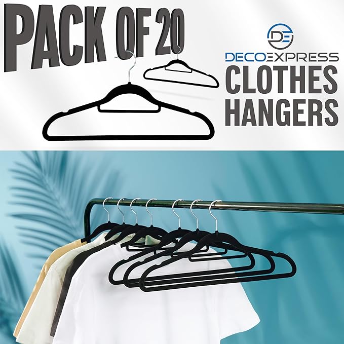 Deco Express Velvet Hangers, Space Saving Non Slip Coat Hangers for Clothes Multipack (Black, 20 Pack)