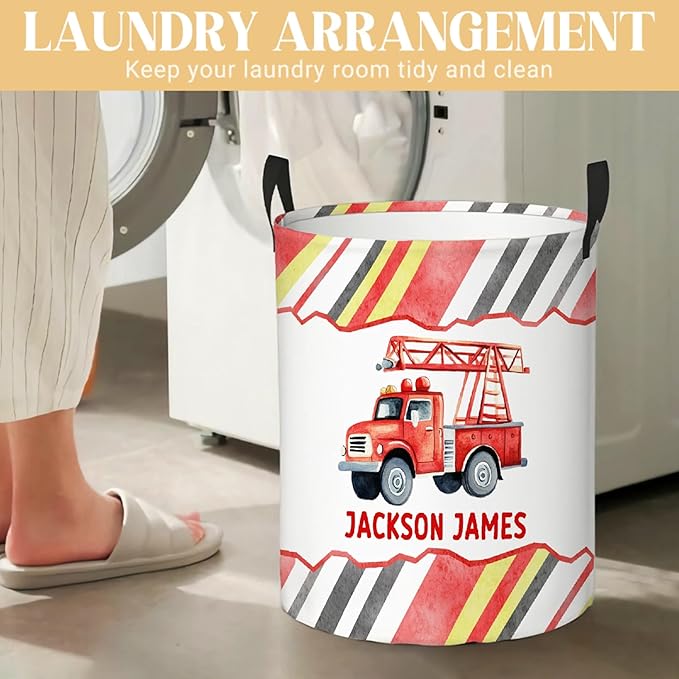 Personalized Fire Trucks Laundry Basket, Custom Laundry Hamper With Name Gifts For Kids Baby Adults, Collapsible Dirty Clothes Storage Organizer With Handles M 19.6 X 15.7in