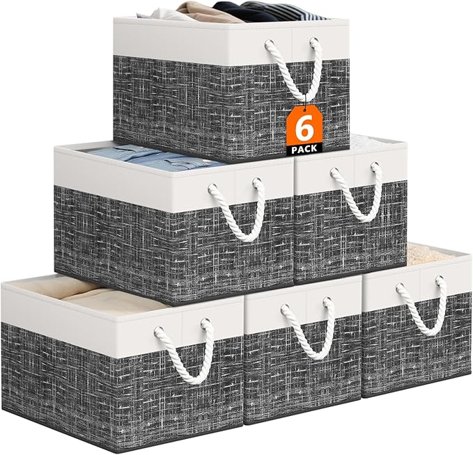 Storage Bin,Collapsible Storage Basket For Organizing,Large Storage Boxes With Rope Handles,Storage Containers,White & Black,6 Pack