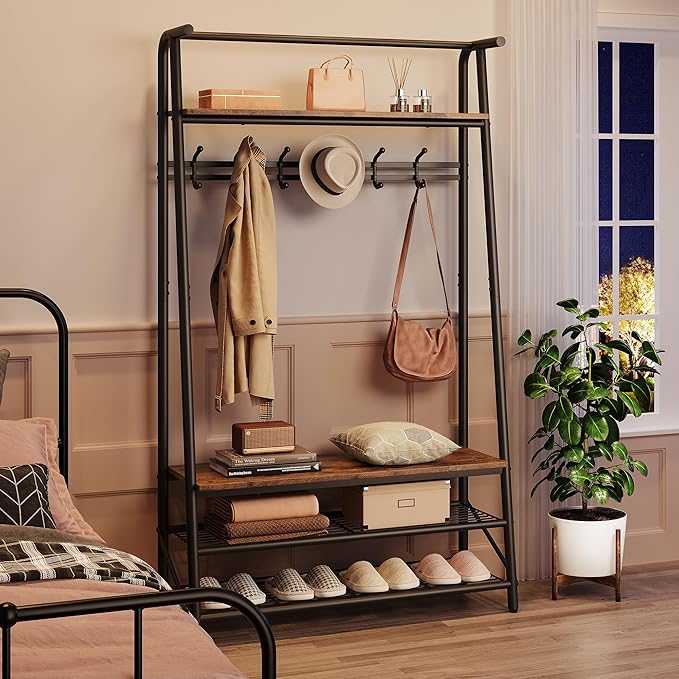 Coat Rack Shoe Bench with Single-Row 6 Hooks 100cm Width, 3-Tier Shelf Entryway Hall Tree with Storage, Metal Frame Multifunctional Organizer, 4-in-1 Coat Rack for Bathroom, Hallway.Brown.