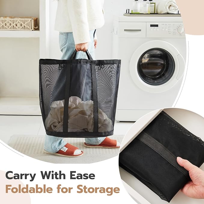 Mesh Laundry bag with Handles, 42L Collapsible Laundry Basket with 2 Hooks, Wall-Mounted Foldable Laundry Hamper Hanging for Bathroom, Dorm or Travel (Black, 1 Pack）
