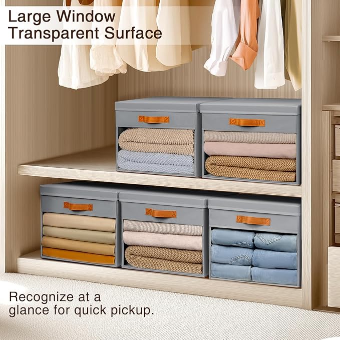 Large Storage Bins with Lids - 3 Pack Foldable Decorative Organizers with Clear Windows & Handles, Cube Storage Organizers for Clothes, Blankets, Sweaters, Sheets, Grey