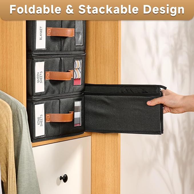8pack Bed Sheet Organizer, Foldable Linen Closet Organizers and Storage with Sealed Design, Queen & King Size Sheet Storage with Window, Closet Organizer for Bedsheets/Blankets/Clothes, Black