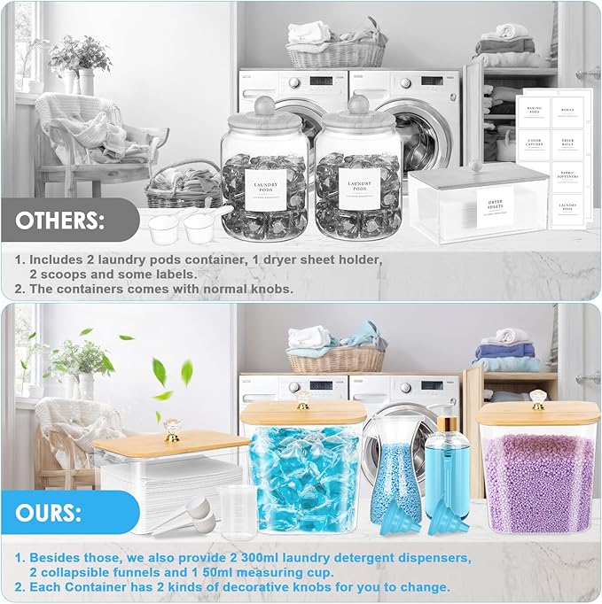 Laundry Storage Containers Set - 2 Pods Container, Dryer Sheet Holder With Lids, Plastic Detergent Dispenser Bottle, Scoops for Powder, Dryer Balls, Bead, Organizing