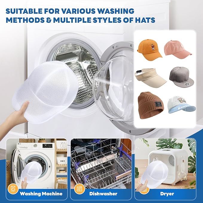 Upgraded Hat Washer Cage with Protective Mesh Bag, Durable Hats Cleaner for Caps, Hat Cleaner for Baseball Caps - Reusable, Fixed Holder, Prevents Deformation, Fits Most Hats, White 2 Pack