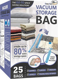 25 Pack Space Saver Bags (5 Jumbo/5 Large/5 Medium/5 Small/5 Roll) Compression Storage Bags for Comforters and Blankets, Vacuum Sealer Bags for Clothes Storage, Hand Pump Included