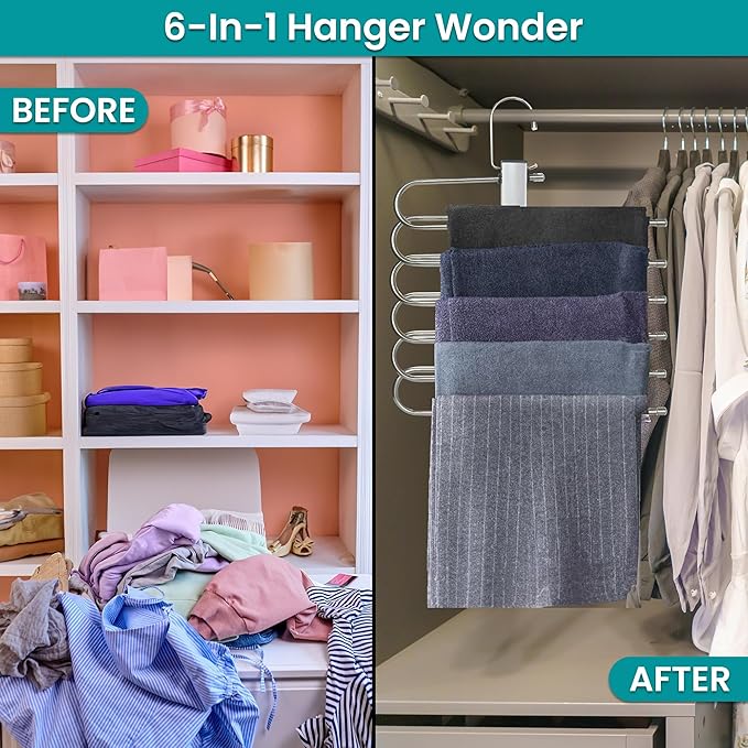 Closet Organizer with Drop-Down Innovation for Pants Skirts Jeans Scarves | Heavy-Duty Metal and Wooden Hangers with Non-Slip Padding for Room Essentials | USTECH Multi Tier Slack Organizer