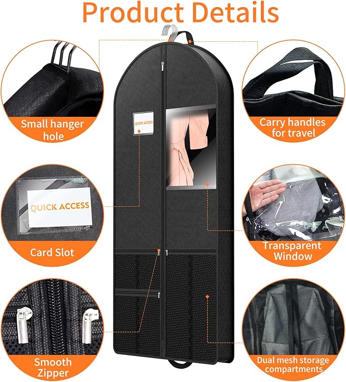 Garment Bag Travel Suit Storage: 63 Inch 2 Packs Fabric Breathable Zippered - Clothes Covers Carry Shoe Pockets Lightweight - Women Travel Wardrobe Protector Hanging Up Multiple