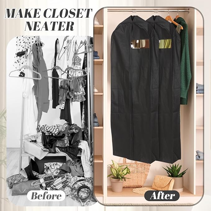 2 Pcs 10" Gusseted Garment Bags for Hanging Clothes Dress Bags for Gowns Long Closet Waterproof Garment Covers Wedding Dress Cover Traveling Clothes Protector(Black,65 Inch)
