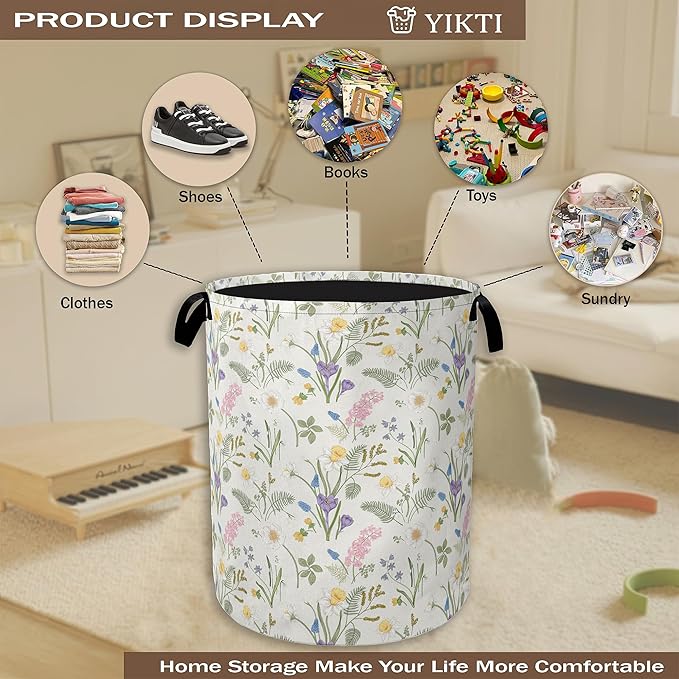 Collapsible Laundry Basket,Wildflower Dirty Clothes Hamper,Colorful Floral Leaves Hampers for Bedroom Waterproof Oxford Cloth Storage Organizer for Bathroom,Nursery,Dorm,16x20 Inch