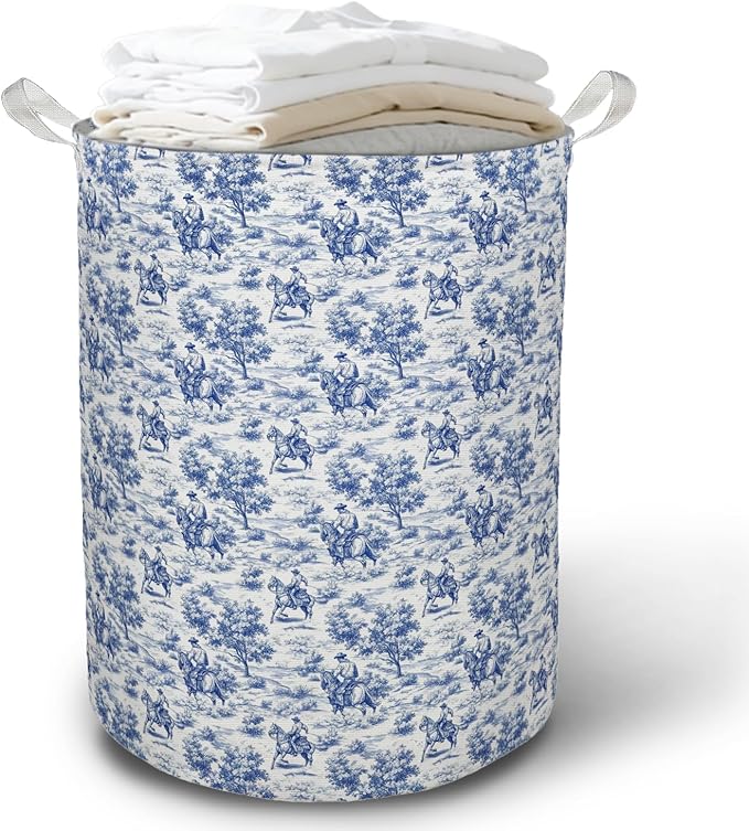 Chinoiserie Western Cowboy Laundry Basket Hamper, Blue and White Toile Rodeo Cowboy Western Foldable Clothes Toys Books Storage Box Bins Baskets Organizer for Bedroom Bathroom Home