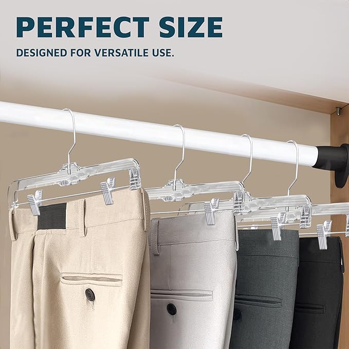 Lifemaster Clear Plastic Hangers - 50 Pieces 14 Inches Anti-Slip Space-Saving, Closet Organization Solution - Pants, Trousers, Skirts, Jeans Hangers with 360° Swivel Hook and Adjustable Clips - Clear