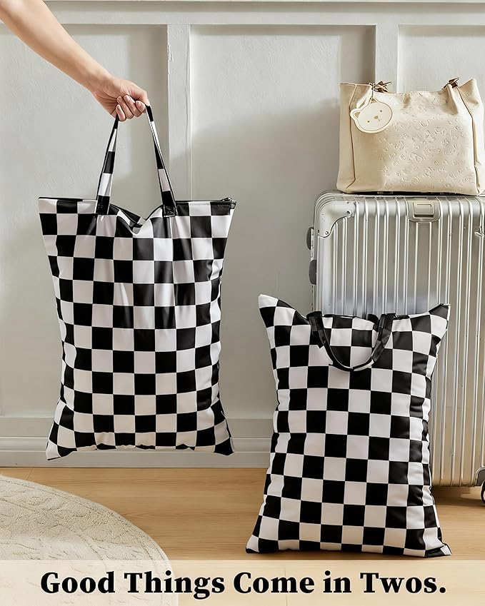 Checkered 2 Pcs Large Travel Laundry Bags for Dirty Clothes, Aesthetic Trendy Waterproof Washable Laundry Bag with Handle for Travel, Gym, Swimming Pool Black and White