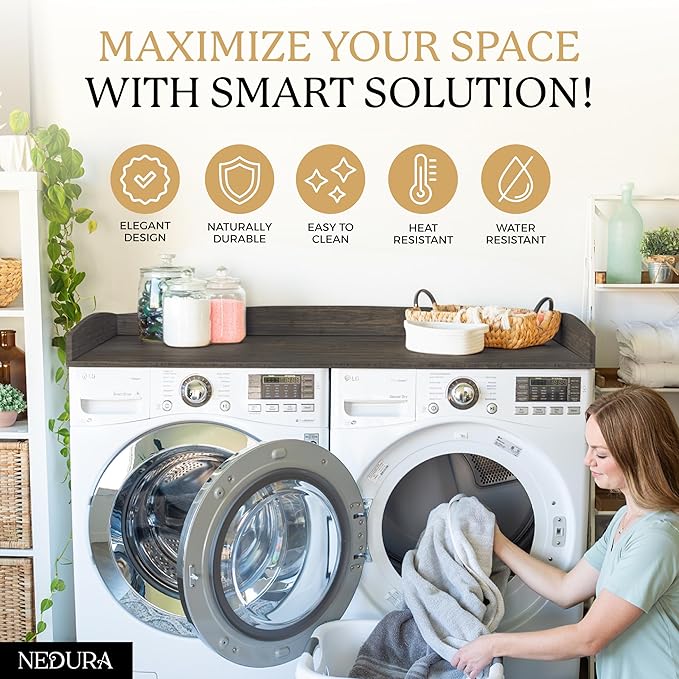 Nedura Washer Dryer Countertop w/Anti-Vibration Pads & Curved Edge Rails, Premium Bamboo Laundry Countertop, Washer Dryer Topper, Laundry Room Organization, Laundry Room Accessory - Espresso