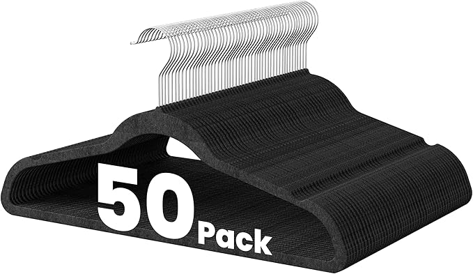 HealSmart 50 Pack Heavy Duty Velvet Hangers, Non-Slip Flocked Felt Hangers with Shoulder Notches, Hangers for Coats, Pants and Dress Clothes, Black