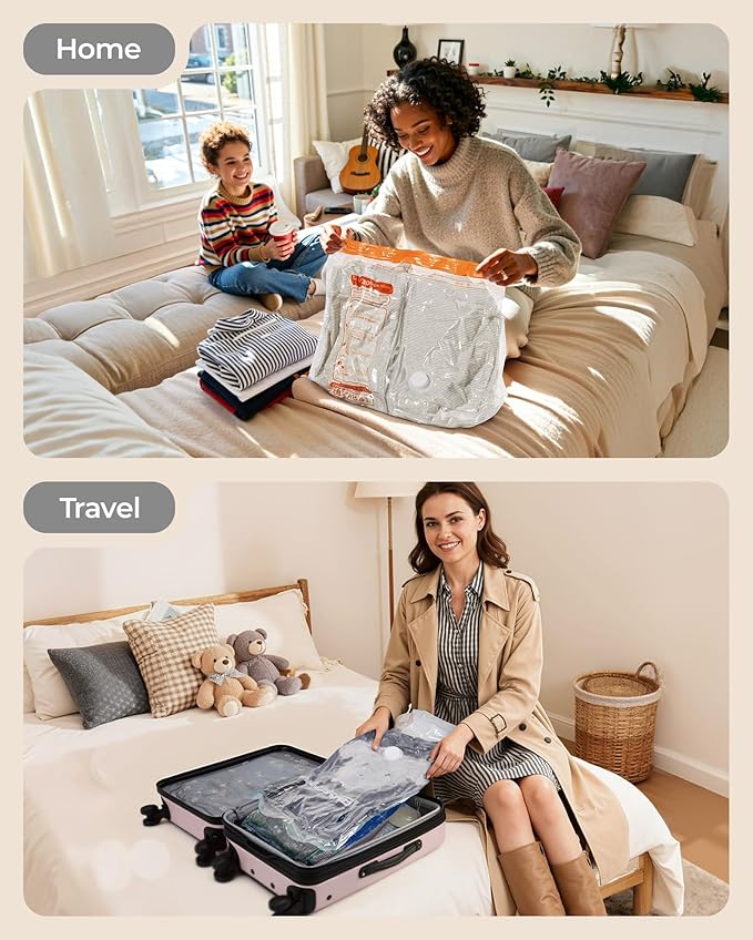 BAGSMART Vacuum Storage Bags for Travel with Rechargeable Air Pump, Portable Space Saver Bags for Travel & Home, Vacuum Compression Seal Bag for Clothing, Blanket, 15 Pack-Khaki Brown