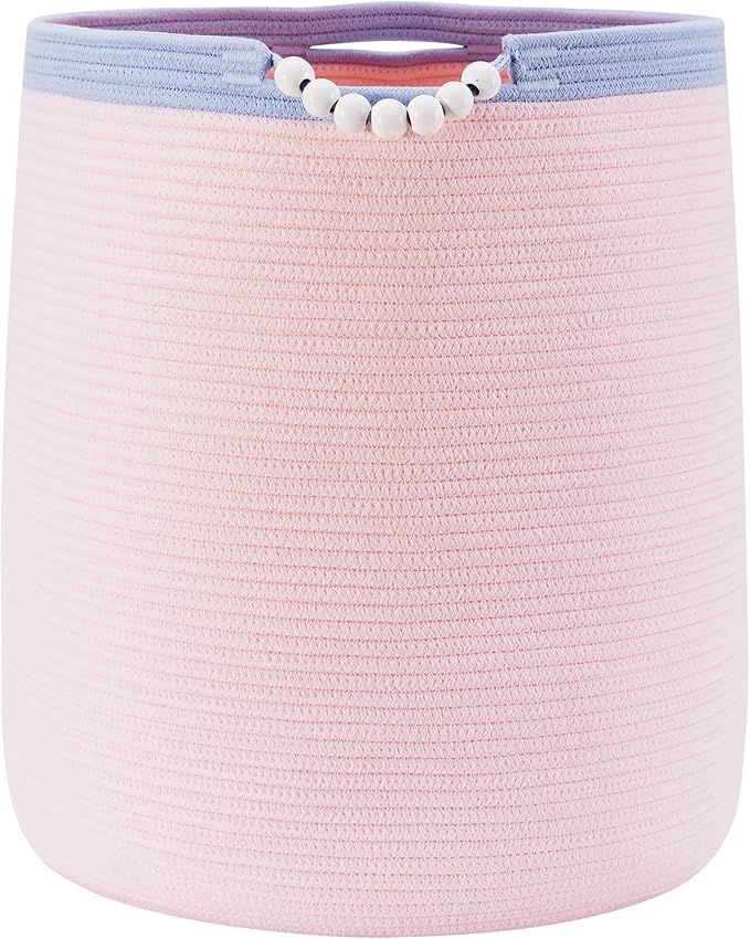 65L Pink Woven Rope Laundry Hamper Basket for Clohtes Boho Tall Rope Baskets for Blanket Large Baby Nursery Hamper for Girls Kids 16"Wide 19"Tall