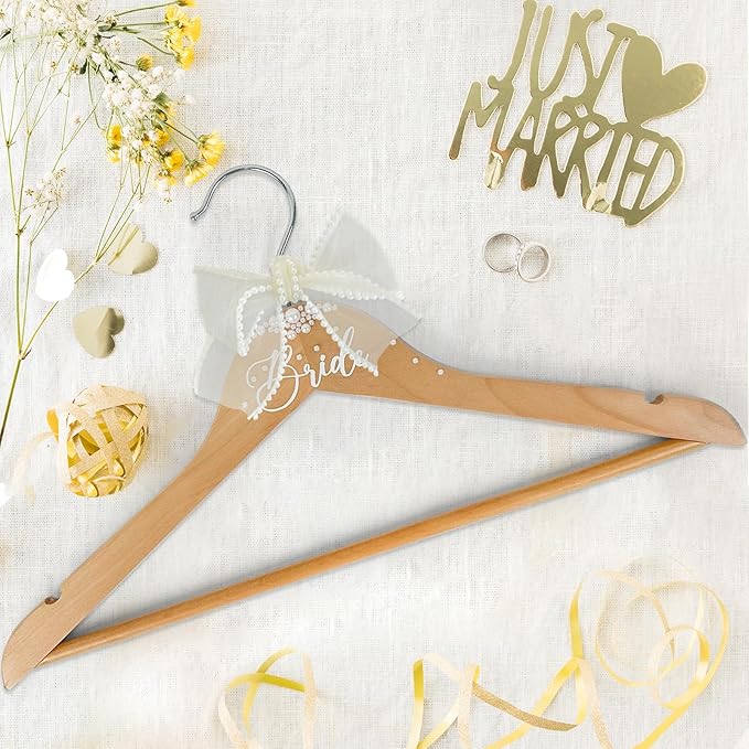Bride Hanger for Wedding Dress, Wooden Bridal Hanger Wedding Hangers Personalized Hangers with Bow Tie & Pearl for Weddings Party Gifts Accessoriesz (Bride)
