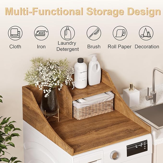 27'' Washer Dryer Countertop with Shelf, 2-Tier Laundry Countertop for Single Wood Washer and Dryer Topper for Laundry Room Organization, Brown