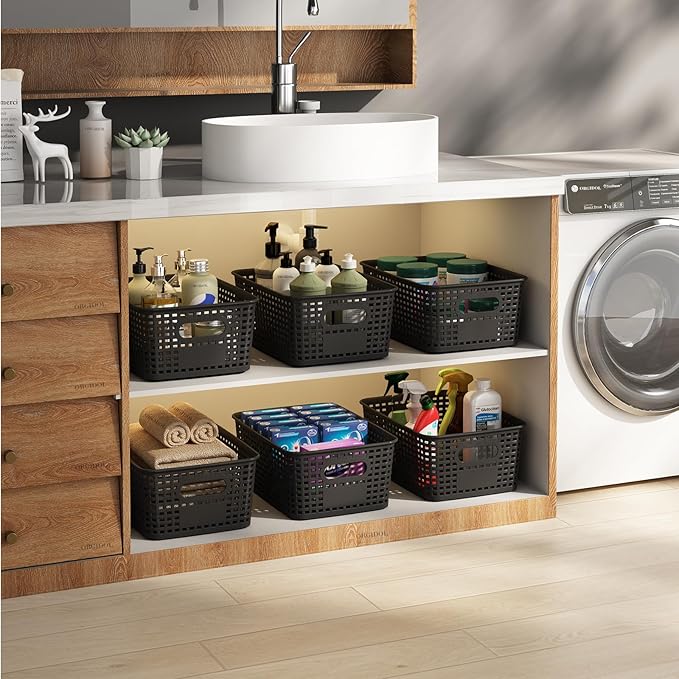 Plastic Storage Basket with Lids 12 Pack Stackable Black Storage Bins Containers with Lid, Decorative Storage Boxes for Organizing Shelves, Drawers, Playroom, Classroom, Office, Closet