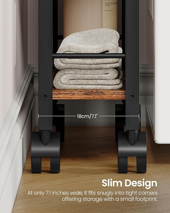 4-Tier Slim Storage Cart, 7.1'' Kitchen Serving Trolley, Slim Rolling Cart with Handle and Guard Rails, Slim Cabinet for Small Spaces, for Dining Room, Rustic Brown and Black TTC02BF