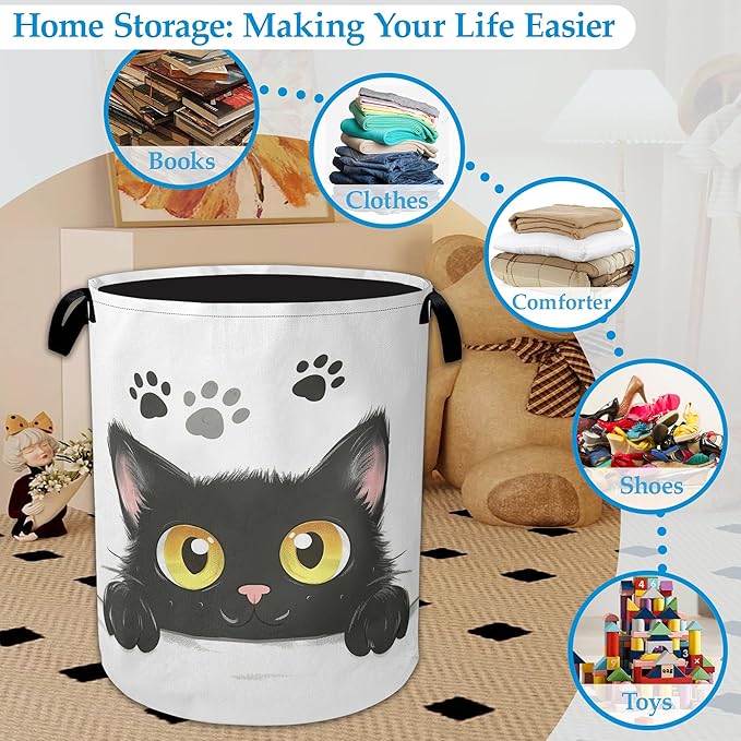Cute Black Cat Laundry Basket Collapsible Laundry Hamper Oxford Clothes Toy Storage Bin for Bathroom Bedroom Room Decor 16 X 20.8 Inch