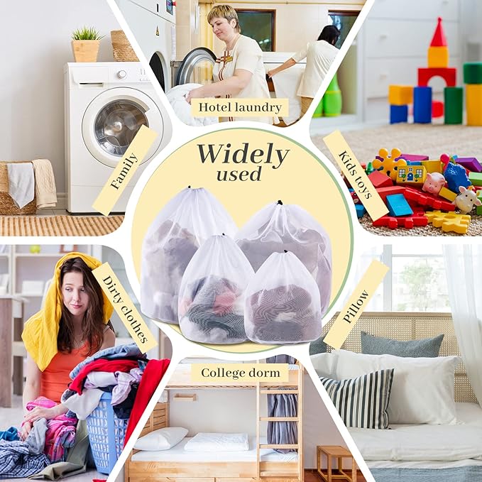 Fine Style 12 Pcs Mesh Laundry Bags with Drawstring - Heavy Duty White Mesh Bags, Machine Washable, Ideal for Delicates, College Dorm