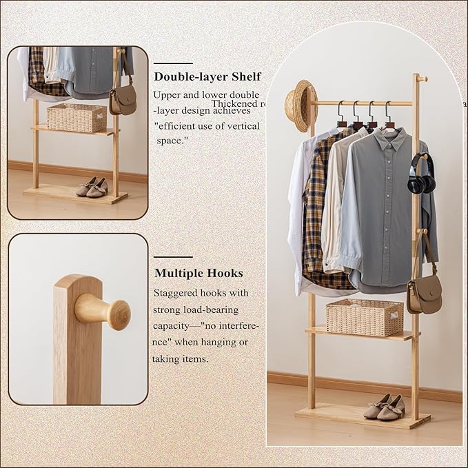 Clothes Rack Solid Wood Coat Rack with Shelves and Hooks – Garment Clothing Rack Coat Rack with Storage for Hallway, Bedroom, Living Room, 23.6 inch, Nature