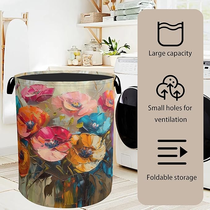 Modern Floral Oil Painting Laundry Basket - Heavy Duty 60L Dirty Clothes Organizer, Water Resistant Foldable Hamper for Men Women