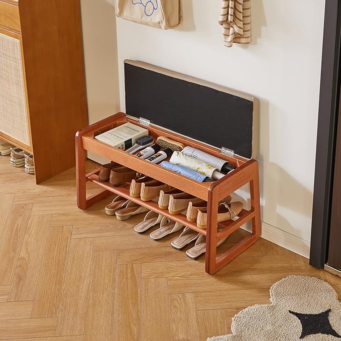Wood Shoe Bench with Flip-Top Storage, 2-Tier Entryway Shoe Bench, 31.5in Shoe Rack with Cushion for Living Room, Cherry Wood Color YD-WD061C